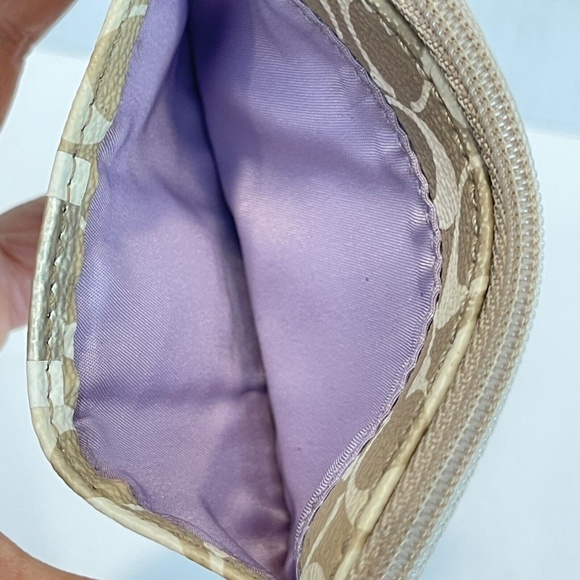 Coach Signature Logo Stripe Coin Purse Pouch Key Chain Change Gold Tan Wallet - - Picture 13 of 14